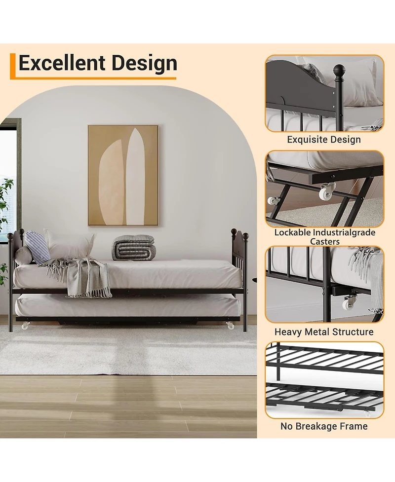 gaomon Twin Day Bed with Trundle Bed, Modern Sofa Frame Foldable Design, Metal & Heavy Duty Steel Slats