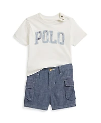 Polo Ralph Lauren Baby Boys' Logo Crewneck T-Shirt and Chambray Cargo Shorts, 2-Piece Set