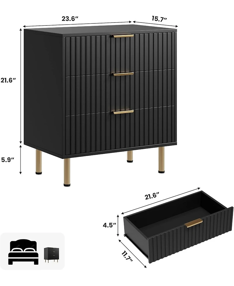 gaomon Fluted 3 Drawer Dresser for Bedroom, Modern Nightstand with Deep Drawers