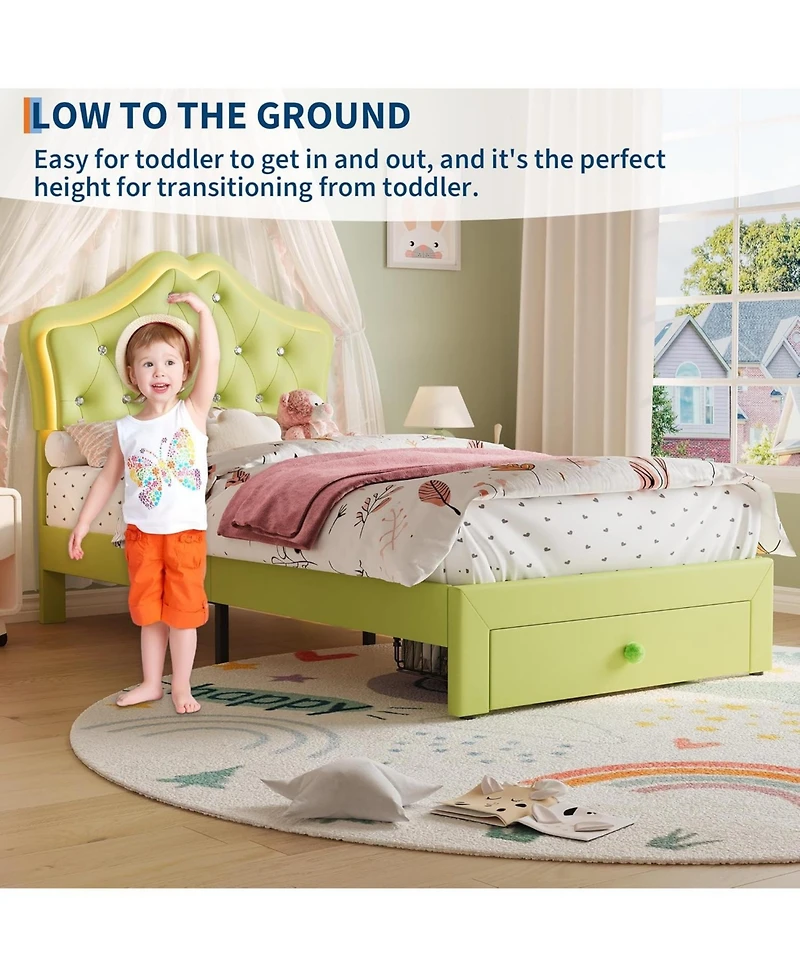 gaomon Twin Bed Frame with Led Lights & Velvet Crystal Button Headboard, Upholstered Platform Storage Drawer, Noise Free