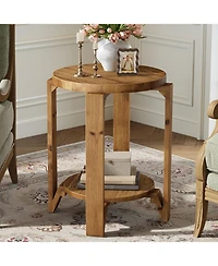 Tribesigns Solid Wood End Table, 2-Tier Round Sofa Side Table with Storage, Farmhouse Wooden Nightstand, Brown