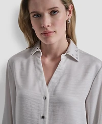 Dkny Women's Studded Collar Y-Neck Shirt