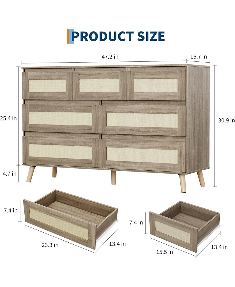 gaomon Rattan 7 Drawer Dresser for Bedroom, Modern Farmhouse Chest of Drawers with Storage, Wooden Clothes Dresser for Nursery, Entryway, Living Room