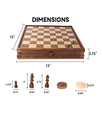 Gse Games & Sports Expert 15" Large Wooden 2-in-1 Chess and Checkers Board Game Combo Set with Drawer, Chess Checker Game Set