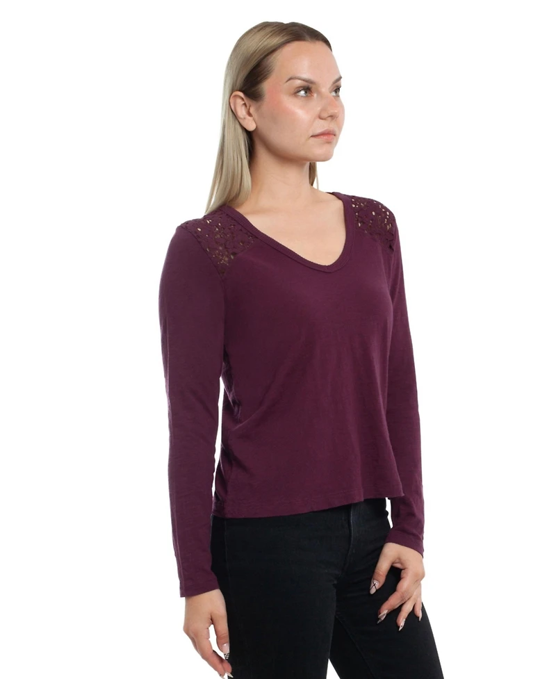 Wilt Clothing Women's V-Neck Long Sleeve Mixed Media Tee