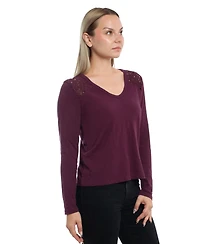 Wilt Clothing Women's V-Neck Long Sleeve Mixed Media Tee