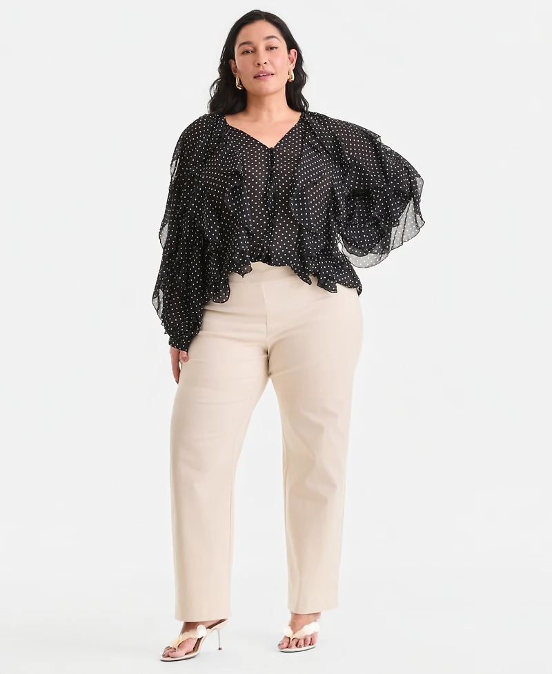 I.n.c. International Concepts Plus Printed V-Neck Ruffled Blouse, Created for Macy's