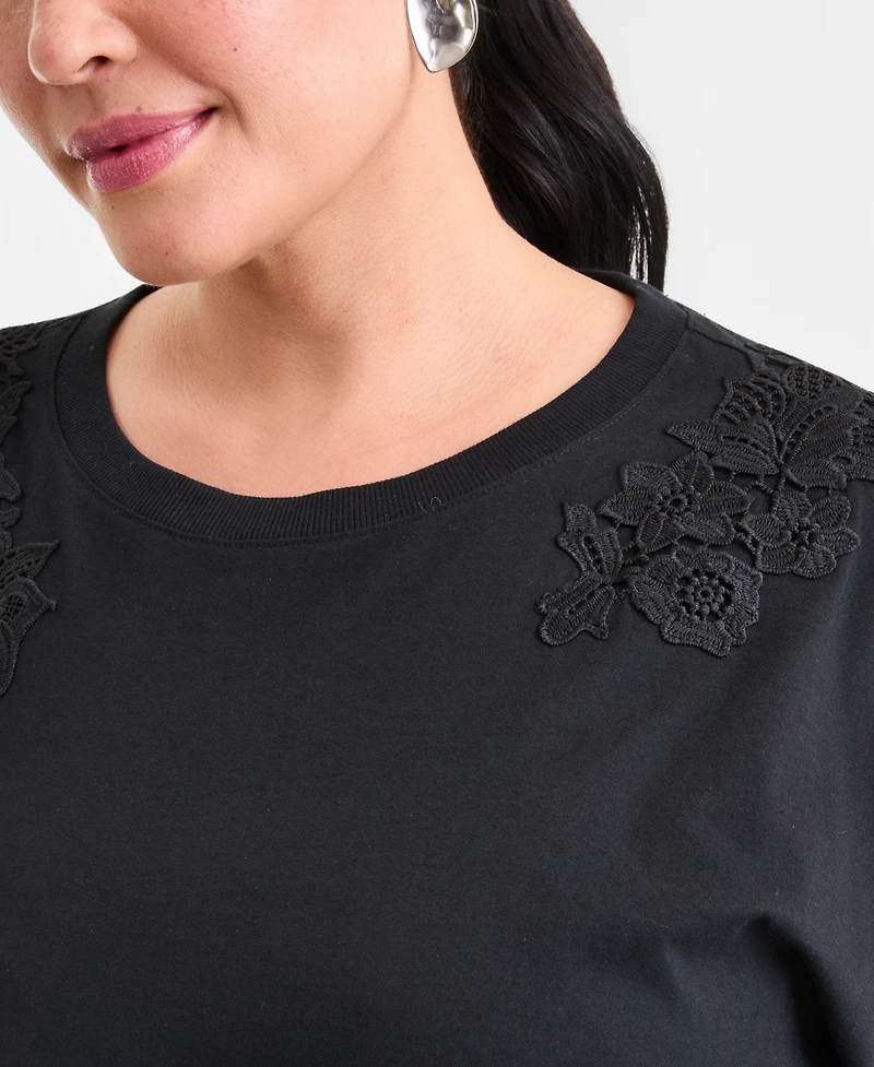 I.n.c. International Concepts Plus Short-Sleeve Lace-Shoulder Tee, Created for Macy's