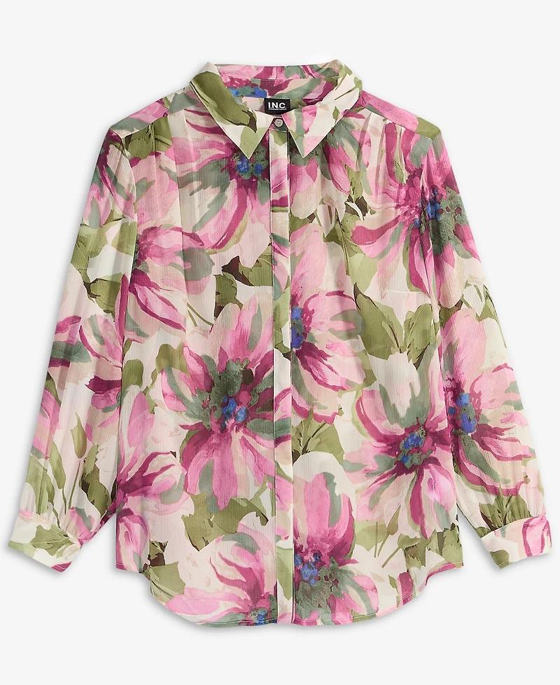 I.n.c. International Concepts Plus Printed Long-Sleeve Blouse, Created for Macy's
