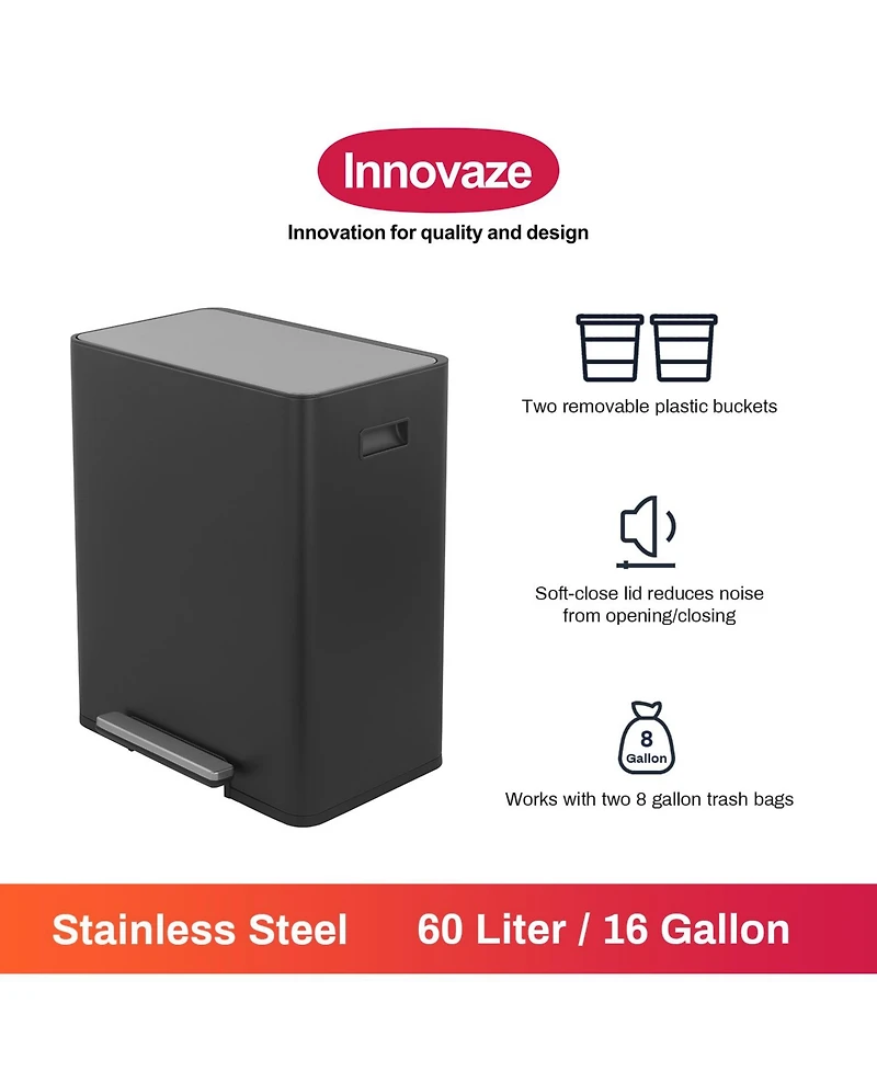15.6 Gallon Rectangular Stainless Steel Step on With Two 30 Liter Compartments Trash Can