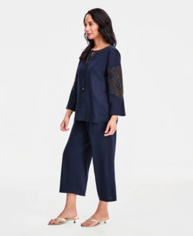 Jm Collection Womens Beaded Split Neck Top Cropped Drawstring Wide Leg Pants Macys Exclusive