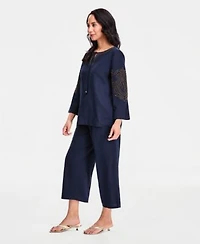 Jm Collection Womens Beaded Split Neck Top Cropped Drawstring Wide Leg Pants Macys Exclusive