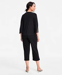 Jm Collection Womens Split Sleeve Keyhole Neck Top Relaxed Pull On Knit Culottes Macys Exclusive