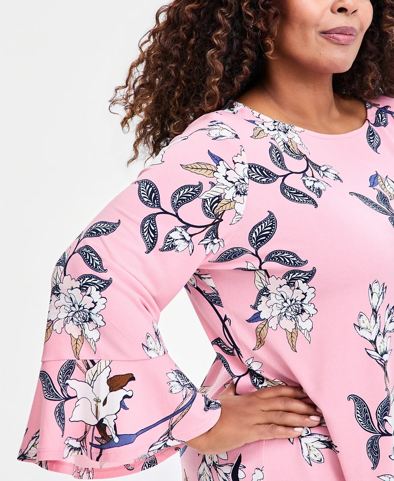 Jm Collection Plus Winding Leaves Flare Sleeve Boat Neck Top