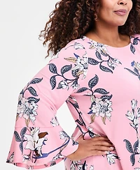 Jm Collection Plus Winding Leaves Flare Sleeve Boat Neck Top
