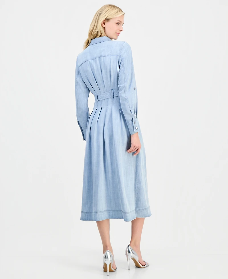 T Tahari Women's Roll-Sleeve Denim Midi Shirtdress
