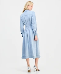 T Tahari Women's Roll-Sleeve Denim Midi Shirtdress