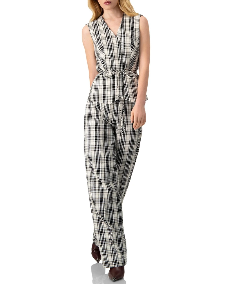 Ivonne Women's Plaid Vest with Tie Belt