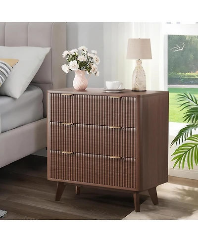 gaomon 32 Inch Walnut Modern Fluted Nightstand, 3-Drawer Bedside Table with Faux Marble Top