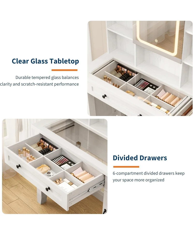 Gaomon White Farmhouse Lighted Vanity Set with Stool, Makeup Desk with Integrated Power Outlet