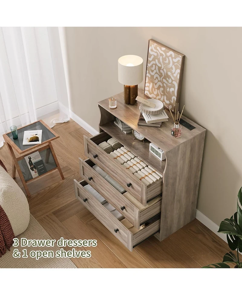 gaomon 3 Drawer Tall Dresser for Bedroom with Led Lights, Wood Dresser with Charging Station for Closet, Wooden Nightstand for Bedside