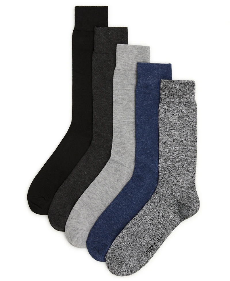 Perry Ellis Portfolio Men's Patterned Flat Knit Sole Logo Crew Socks, 5-Pack