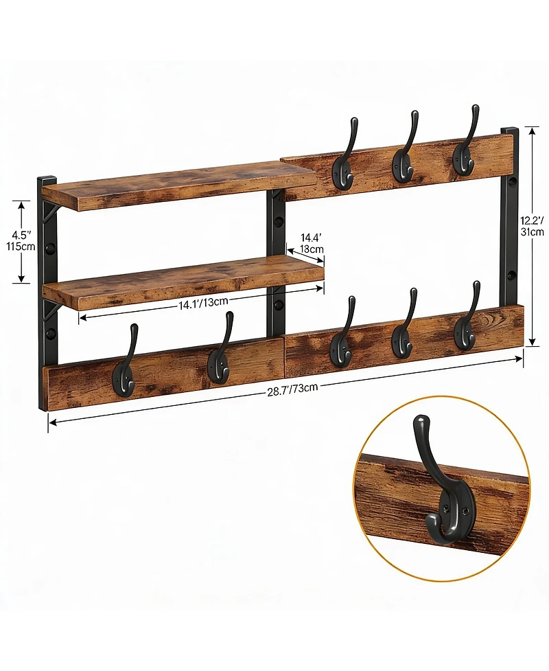 Yigii 28.7" Wall Mounted Coat Rack with 6 Hooks & 2 Shelves, Rustic Brown