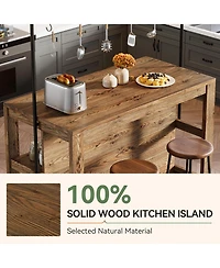 Tribesigns Solid Wood Kitchen Island with Storage, 47-Inch Farmhouse Stationary Island Table with Countertop and 5 Hooks, Wooden Coffee Bar Table