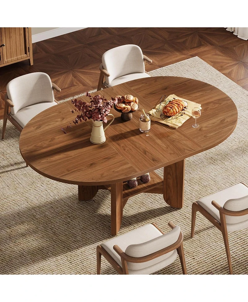 Tribesigns 59-Inch Round Dining Table for 4-6, Modern Oval Kitchen Table with Storage Shelf for Dining Room, Living Room, Walnut