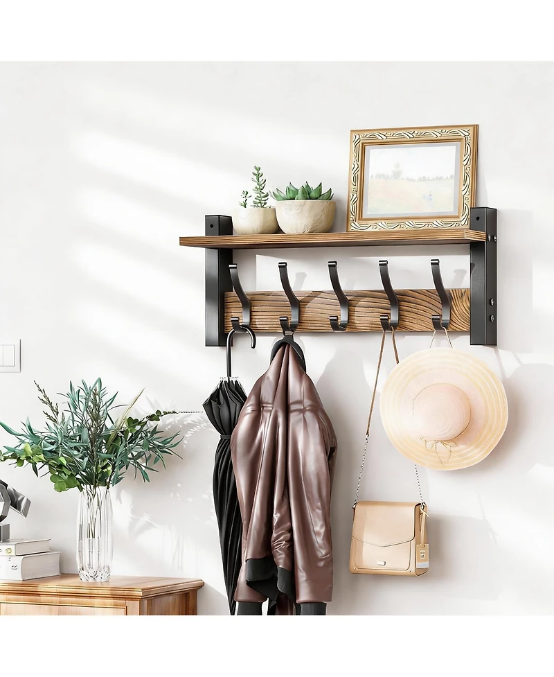 Yigii 5-Hook Wall Coat Rack with Shelf, 55lbs Capacity, Space Saving, Diy Install
