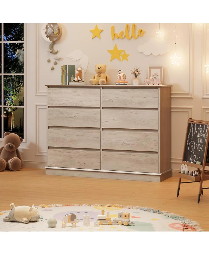 8 Drawer Storage Chest, Large Double Dresser with Deep Drawers and Wide Top, Horizontal Wooden Organizer for Living Room, Hallway, Entryway, Office,