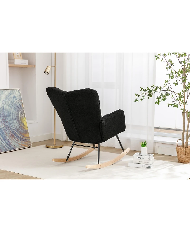 Flynama Black Teddy Fabric Nursery Rocking Glider Chair with Wooden Frame Metal Base Rocking Legs 250 Lbs Capacity for Living Room Bedroom Indoor