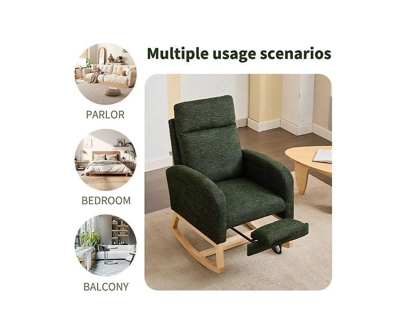 Flynama Modern Accent Upholstered Nursery Glider Rocking Chair with Solid Wood Legs Side Pocket High Backrest 300LBS Capacity for Living Room