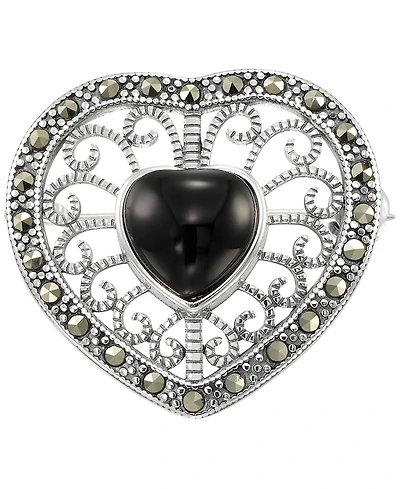 Macy's Marcasite (0.38 ct. t.w.) and Black Onyx (3 ct. t.w.) Heart Brooch in Sterling Silver