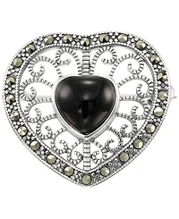 Macy's Marcasite (0.38 ct. t.w.) and Black Onyx (3 ct. t.w.) Heart Brooch in Sterling Silver