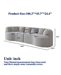Clihome 106.3" Luxury Corduroy Sofa 4-Seater with 6 Cushions, Curved Sectional