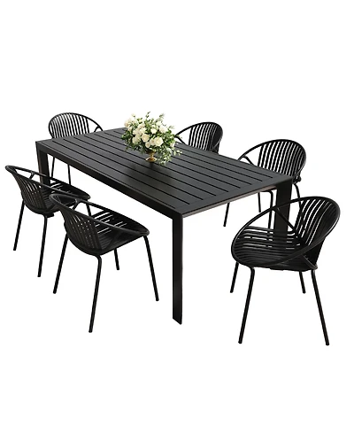 Mondawe 7 Pieces Outdoor Modern Metal and Polypropylene Dining Set with Stackable Chair, Black