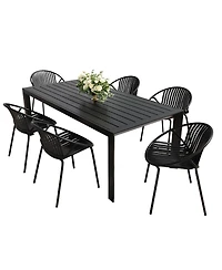 Mondawe 7 Pieces Outdoor Modern Metal and Polypropylene Dining Set with Stackable Chair, Black