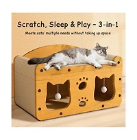 Aostirmotor Multi-Functional Wooden Cat Bed with Scratching Pad & Interactive Toys
