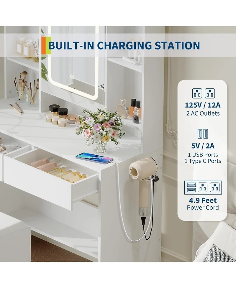 Gaomon White Lighted Vanity Desk with Usb Ports, Convenient Makeup Table for Bedroom Spaces