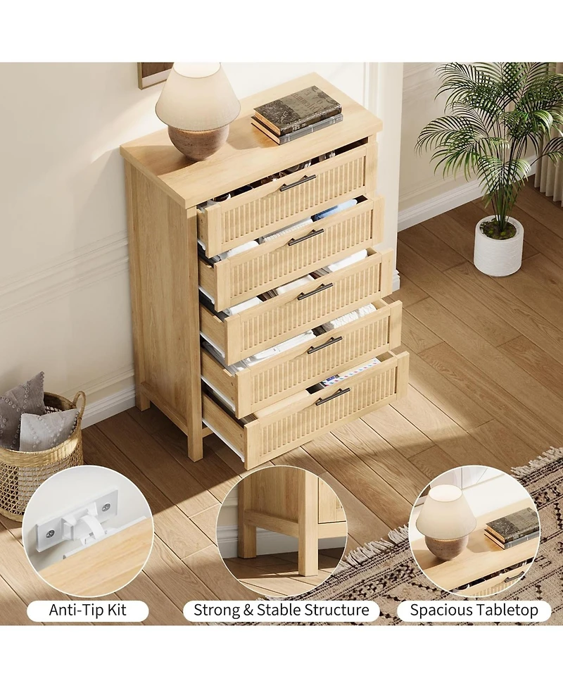 gaomon Fluted Dresser for Bedroom with 5 Drawers, 42.9 in Tall Chest of Large Drawers with Large Clothes Storage Cabinet, Wood Dresser, Tv Stand