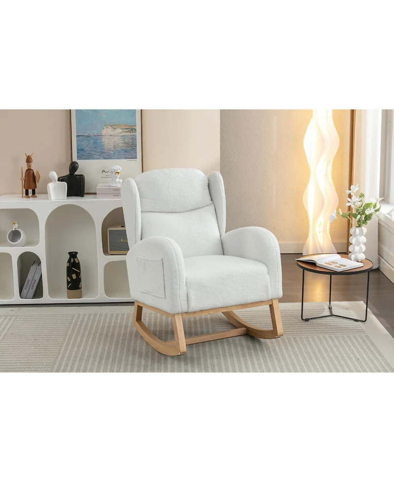 Flynama Ivory Teddy Fabric Rocking Chair with Wooden Frame Legs Built in Packet Ergonomic Backrest 300 Lbs Capacity for Living Room Bedroom