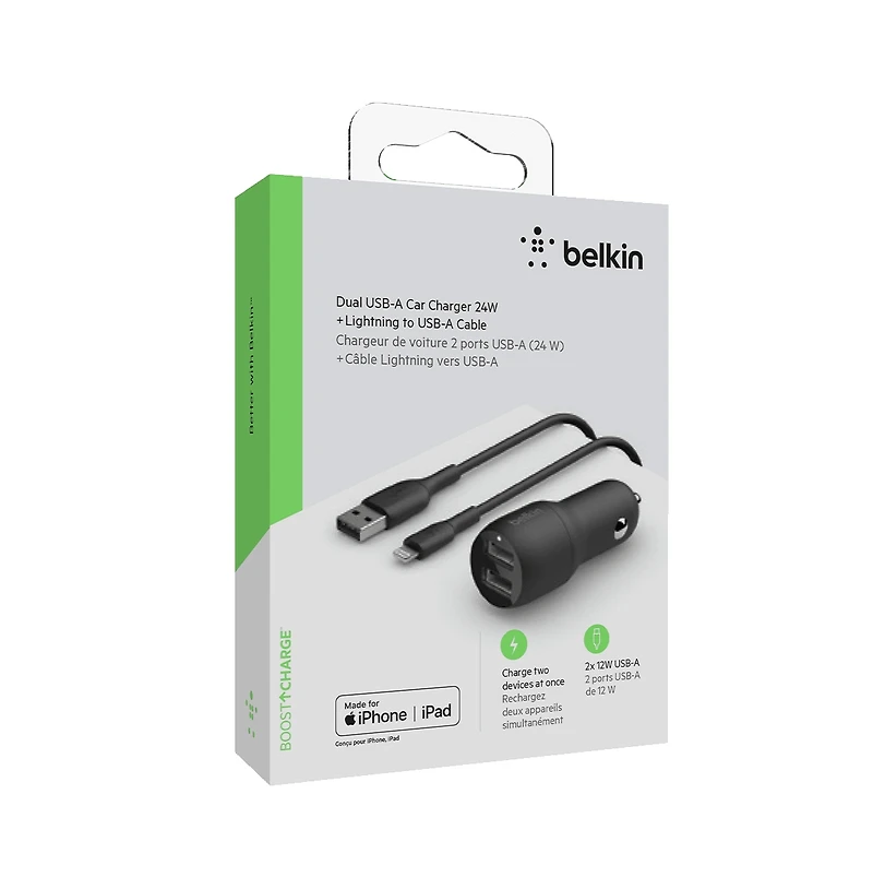 Belkin BoostCharge Dual Usb-a Car Charger 24W and Usb-a to Lightning Cable