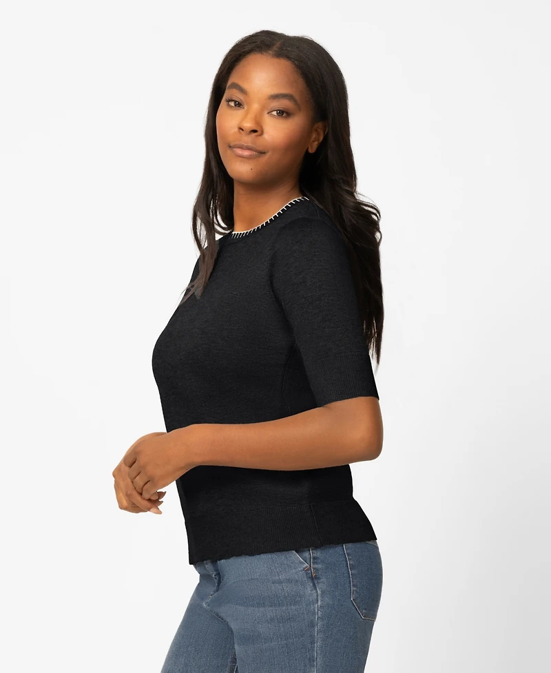 Melissa Paige Petite Whip Stitch Elbow-Sleeve Crewneck Sweater