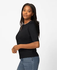 Melissa Paige Petite Whip Stitch Elbow-Sleeve Crewneck Sweater