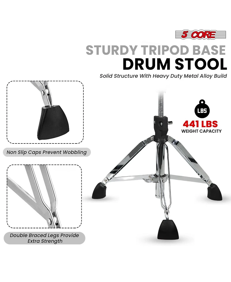 5 Core Drum Throne w Backrest 4" Padded Adjustable 26.5" Drummer Stool w Velvet Top 441Lb Capacity