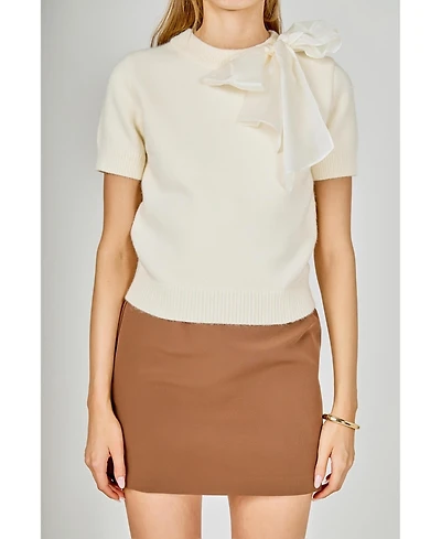 English Factory Women's Bow Accent Puff Sleeve Knit Top