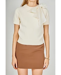 English Factory Women's Bow Accent Puff Sleeve Knit Top