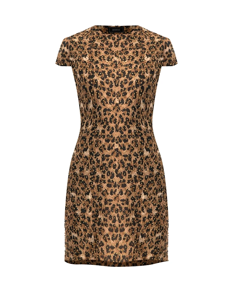 Ivonne Women's Short Beaded Cap Sleeve Dress with Round Neck