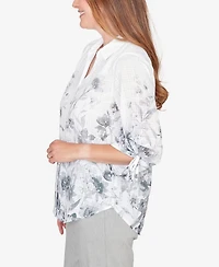 Alfred Dunner Petite Watercolor Print Button Front Collared Top